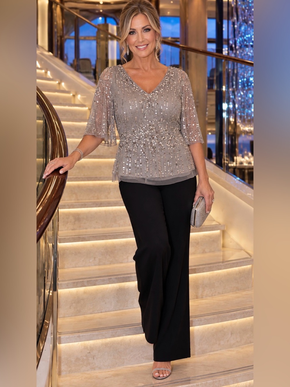 Embellished V-Neck Peplum Top - Silver - Picture 3 of 3